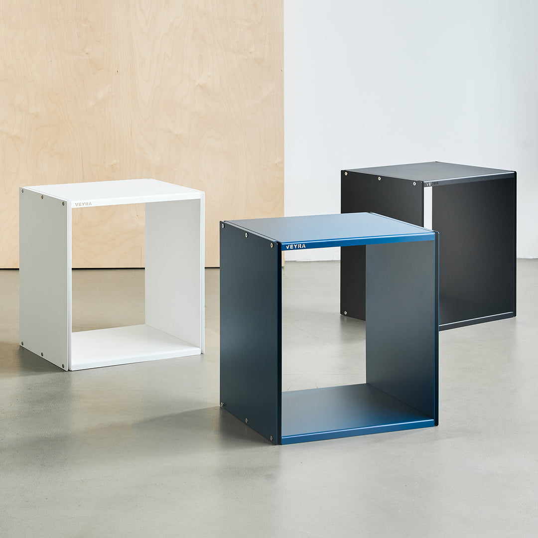 VEYRA Minimalist Metal Cube Storage End Table in Matte White, 18"x16"x20" for Living room, Bedroom