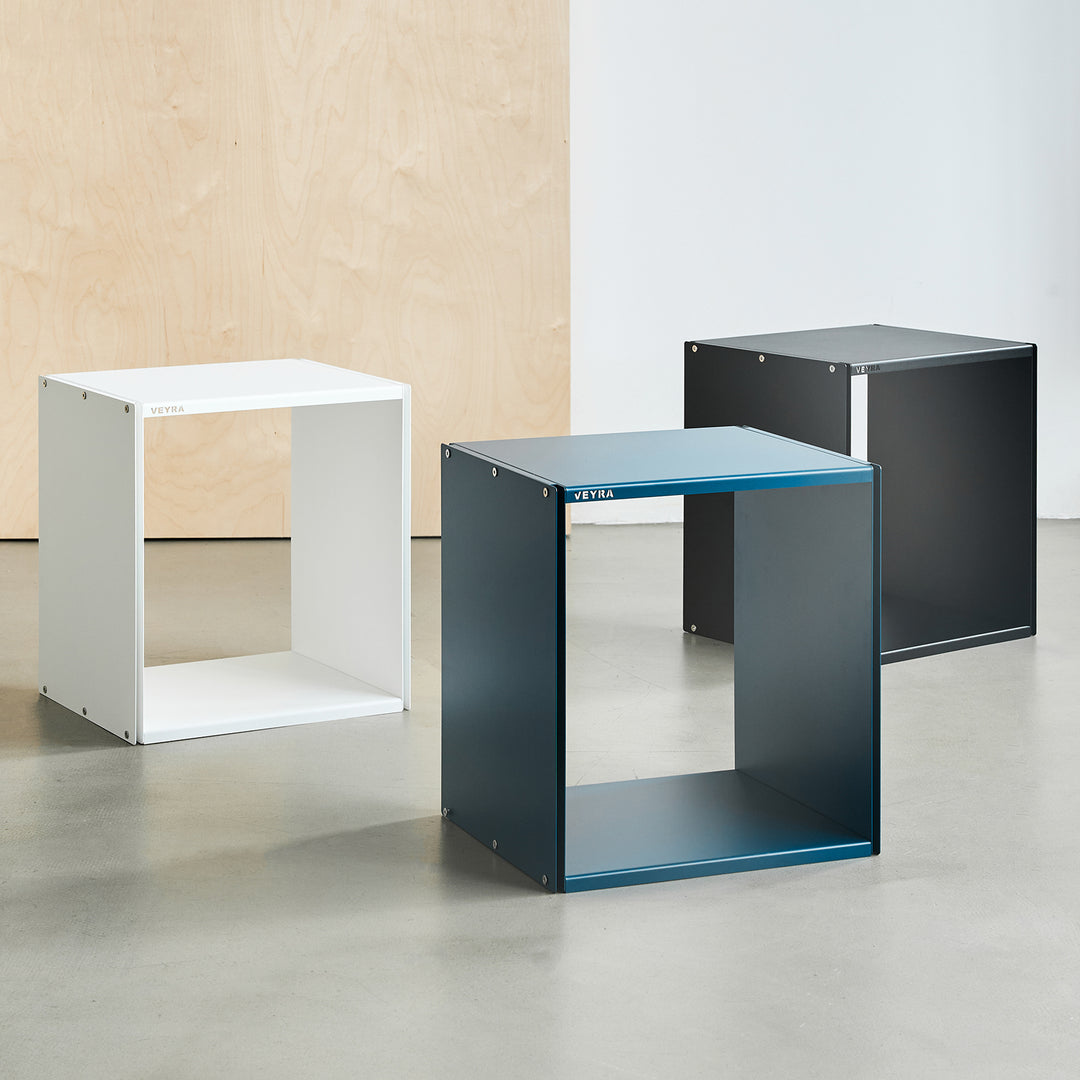 VEYRA Minimalist Metal Cube Storage End Table in Matte Blue, 18"x16"x20" for Living room, Bedroom