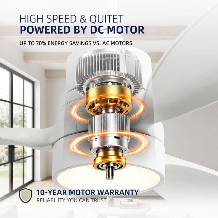 VEYRA 52-inch Modern Ceiling Fan with Light, 3 Solid Wood Blades, DC Motor, 6 Speeds, Downrod Mount for Bedroom, Living Room