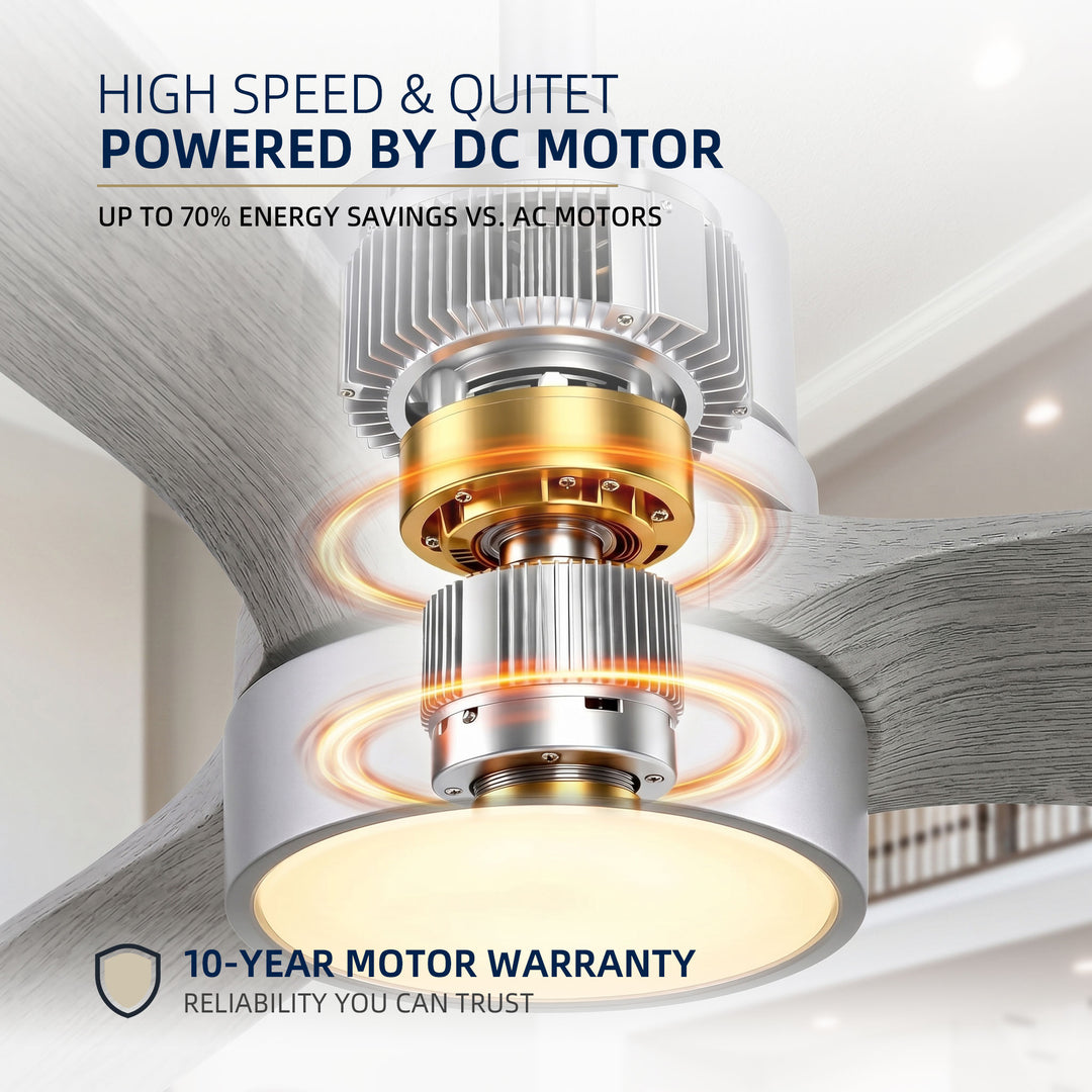 VEYRA 52-inch Modern Ceiling Fan with Light, 3 Solid Wood Blades, DC Motor, 6 Speeds, Downrod Mount for Bedroom, Living Room