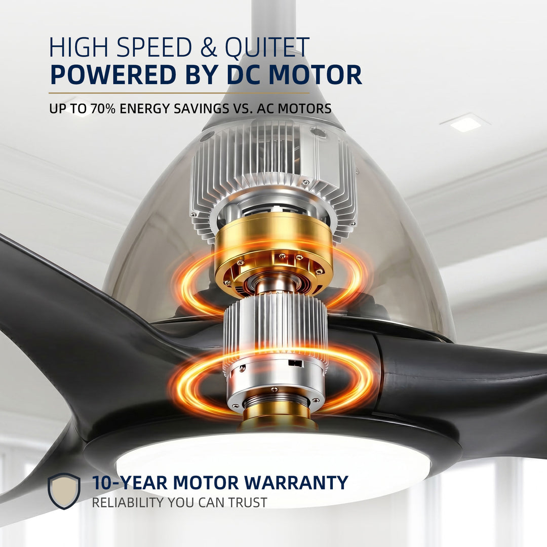 VEYRA 52-inch Modern Ceiling Fan with Light, 3 ABS Blades, DC Motor, 6 Speeds, Downrod Mount for Bedroom, Living Room