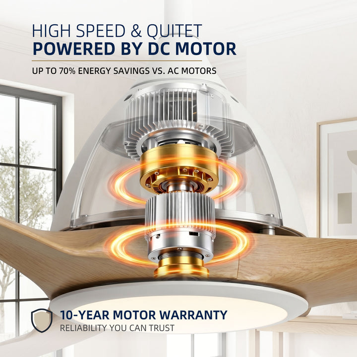 VEYRA 52-inch Modern Ceiling Fan with Light, 3 ABS Blades, DC Motor, 6 Speeds, Downrod Mount for Bedroom, Living Room