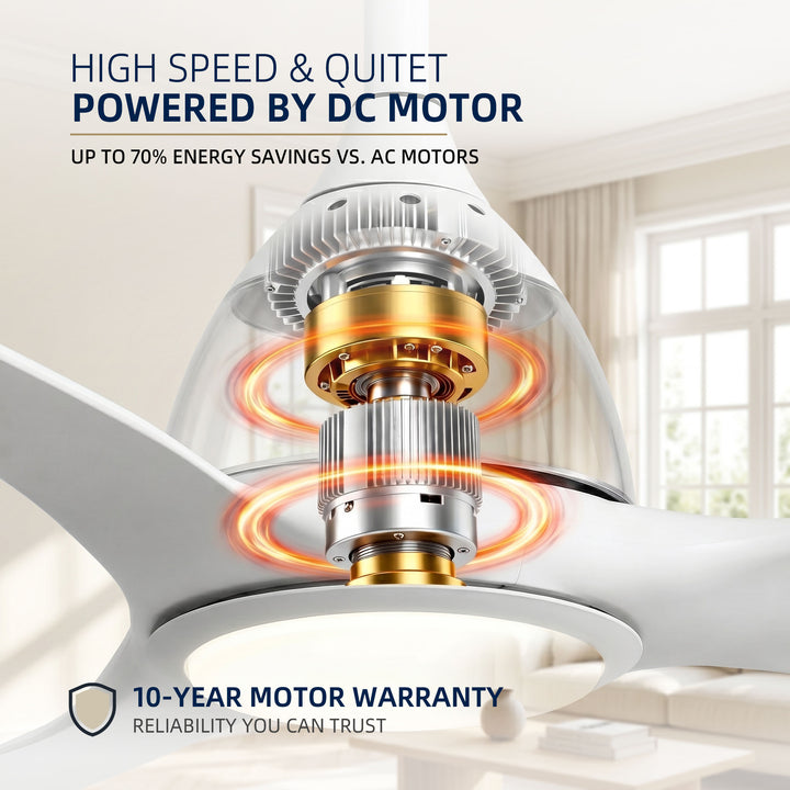 VEYRA 52-inch Modern Ceiling Fan with Light, 3 ABS Blades, DC Motor, 6 Speeds, Downrod Mount for Bedroom, Living Room