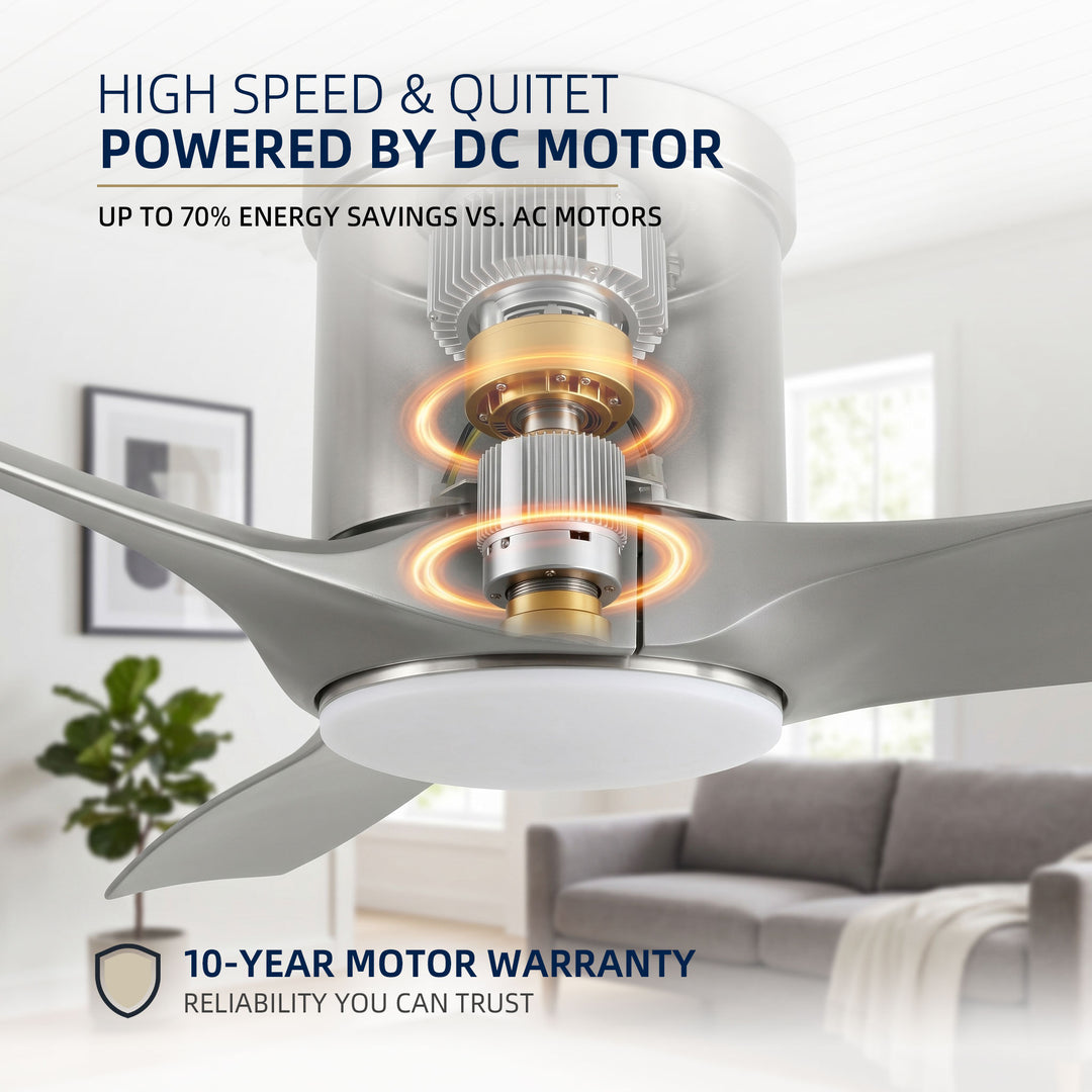 VEYRA 52-inch Modern Ceiling Fan with Light, 3 ABS Blades, DC Motor, 6 Speeds, Flush Mount for Bedroom, Living Room