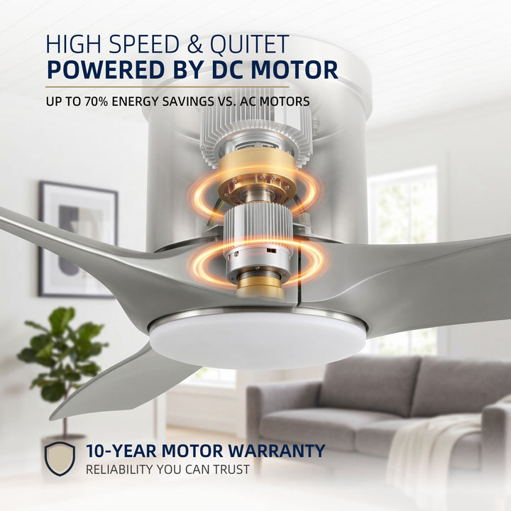 VEYRA 52-inch Modern Ceiling Fan with Light, 3 ABS Blades, DC Motor, 6 Speeds, Flush Mount for Bedroom, Living Room