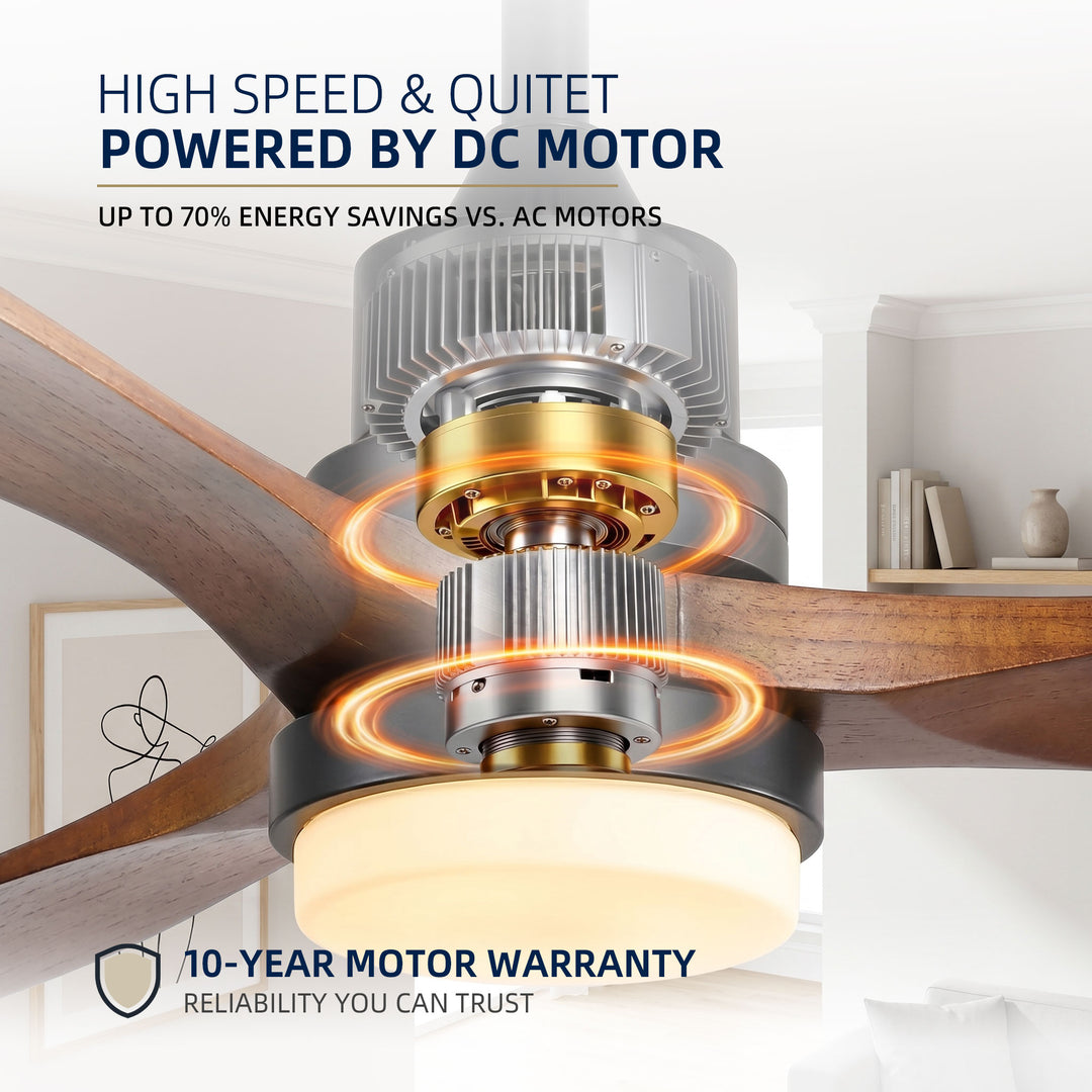 VEYRA 52-inch Modern Ceiling Fan with Light, 3 Solid Wood Blades, DC Motor, 6 Speeds, Downrod Mount for Bedroom, Living Room