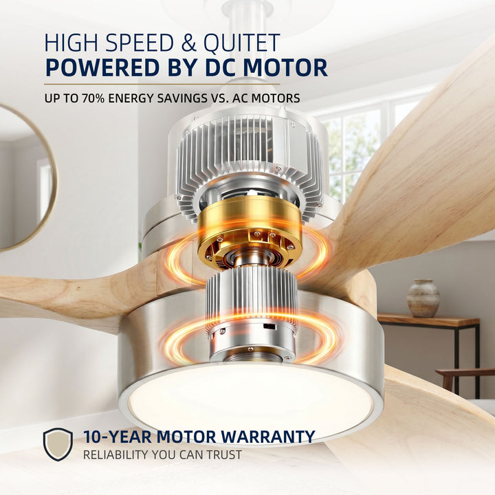 VEYRA 52-inch Modern Ceiling Fan with Light, 3 Solid Wood Blades, DC Motor, 6 Speeds, Downrod Mount for Bedroom, Living Room