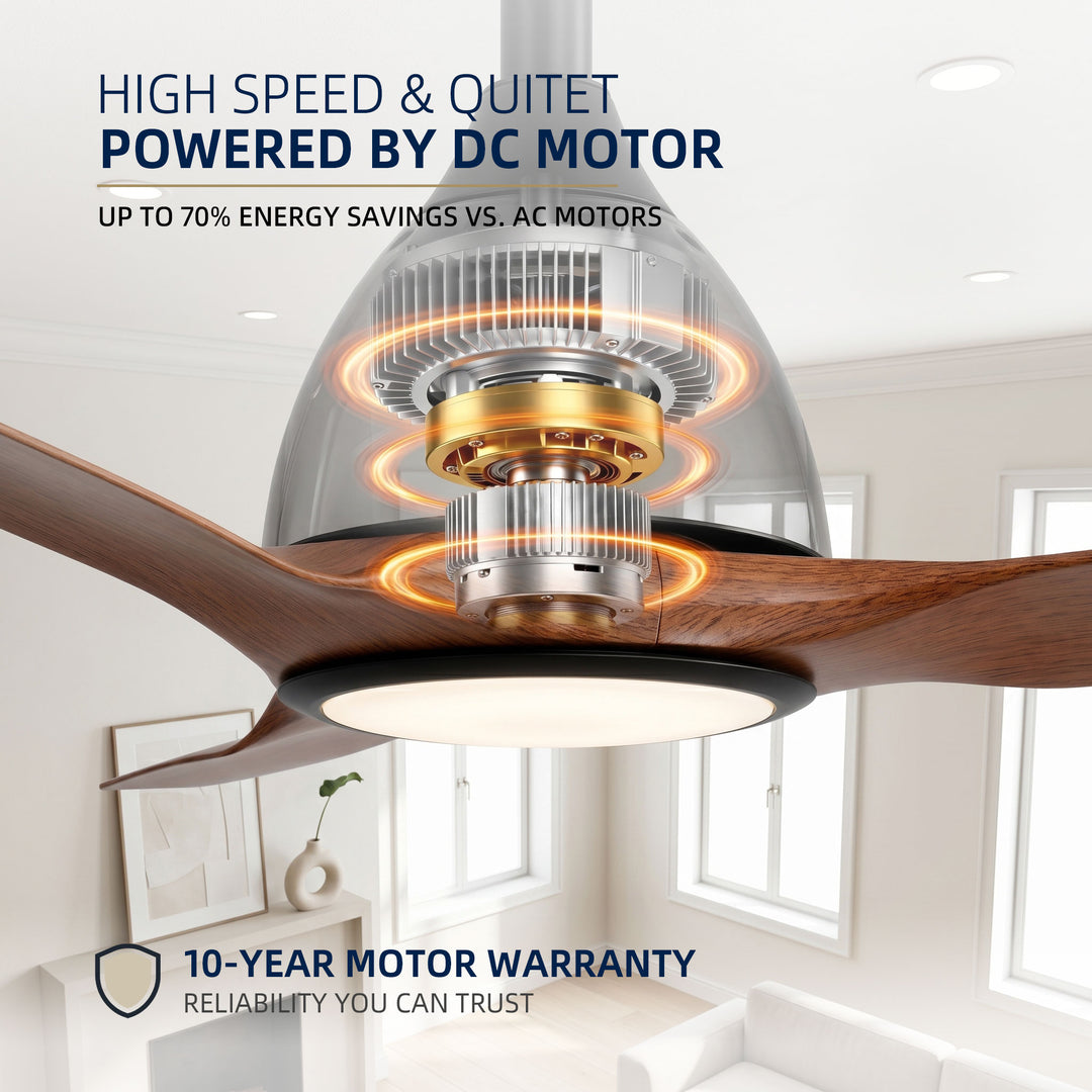 VEYRA 52-inch Modern Ceiling Fan with Light, 3 ABS Blades, DC Motor, 6 Speeds, Downrod Mount for Bedroom, Living Room