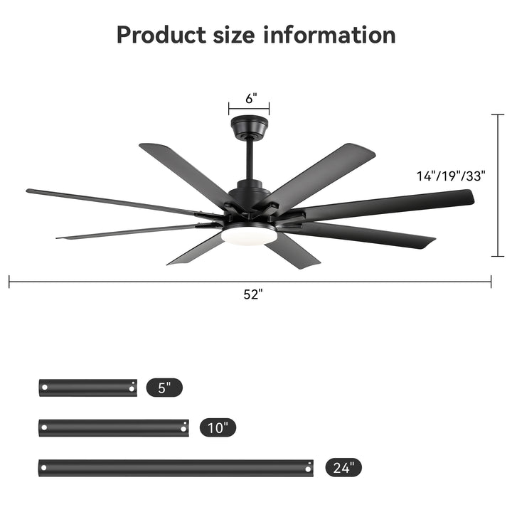 VEYRA 52-inch Modern Ceiling Fan with Light, 8 ABS Blades, DC Motor, 6 Speeds, Downrod Mount for Bedroom, Living Room