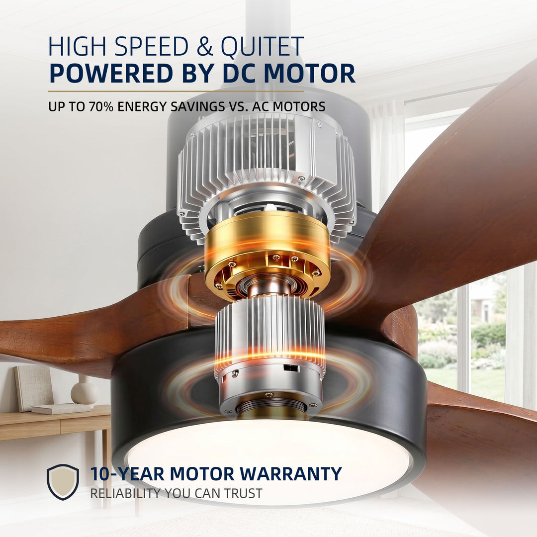 VEYRA 52-inch Modern Ceiling Fan with Light, 3 Solid Wood Blades, DC Motor, 6 Speeds, Downrod Mount for Bedroom, Living Room