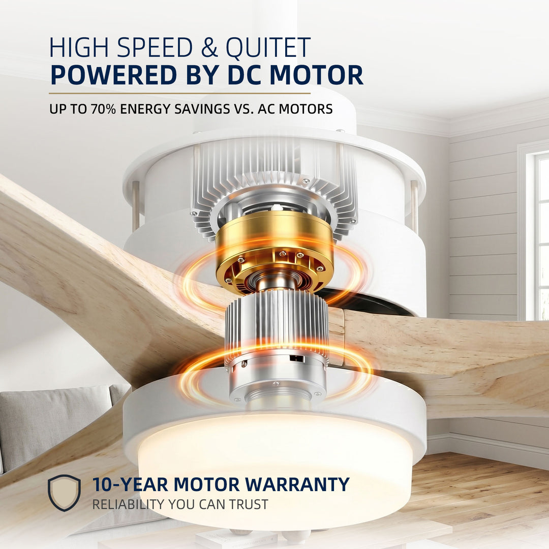 VEYRA 60-inch Modern Ceiling Fan with Light, 3 Solid Wood Blades, DC Motor, 6 Speeds, Downrod Mount for Bedroom, Living Room