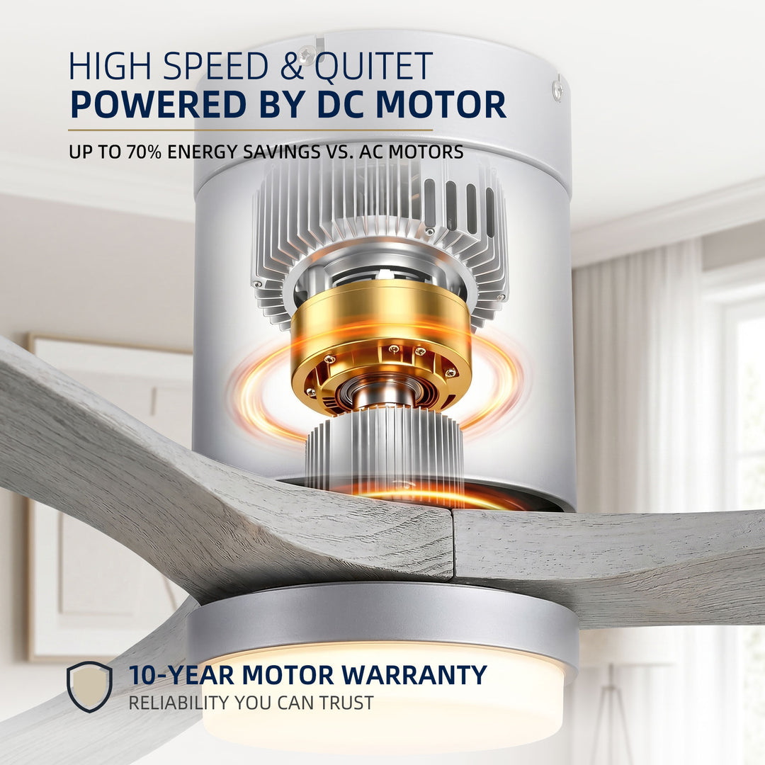 VEYRA 52-inch Modern Ceiling Fan with Light, 3 Solid Wood Blades, DC Motor, 6 Speeds, Flush Mount for Bedroom, Living Room