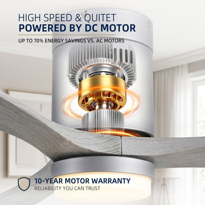 VEYRA 52-inch Modern Ceiling Fan with Light, 3 Solid Wood Blades, DC Motor, 6 Speeds, Flush Mount for Bedroom, Living Room