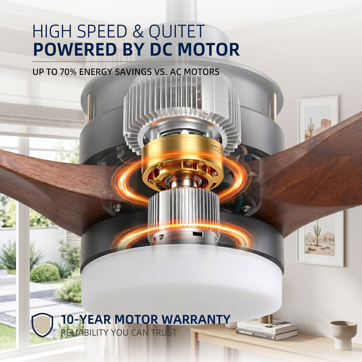 VEYRA 60-inch Modern Ceiling Fan with Light, 3 Solid Wood Blades, DC Motor, 6 Speeds, Downrod Mount for Bedroom, Living Room