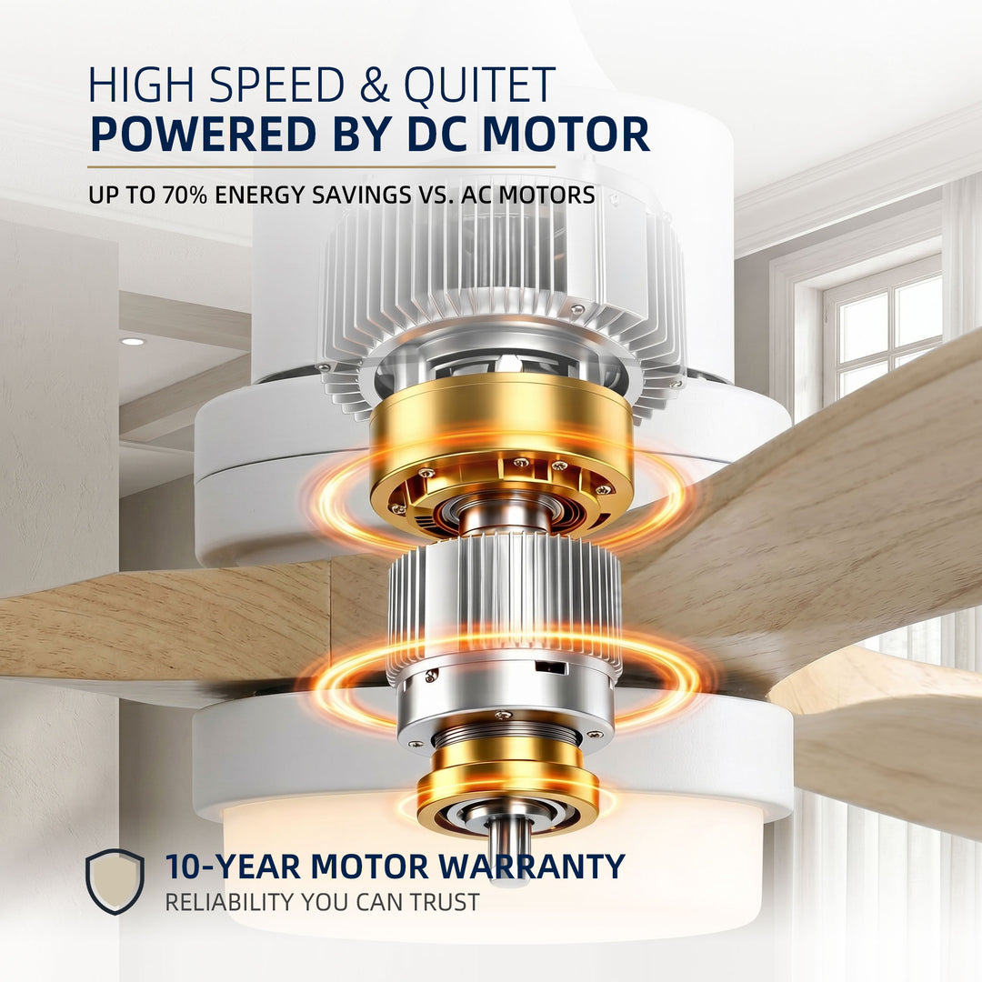 VEYRA 52-inch Modern Ceiling Fan with Light, 3 Solid Wood Blades, DC Motor, 6 Speeds, Downrod Mount for Bedroom, Living Room