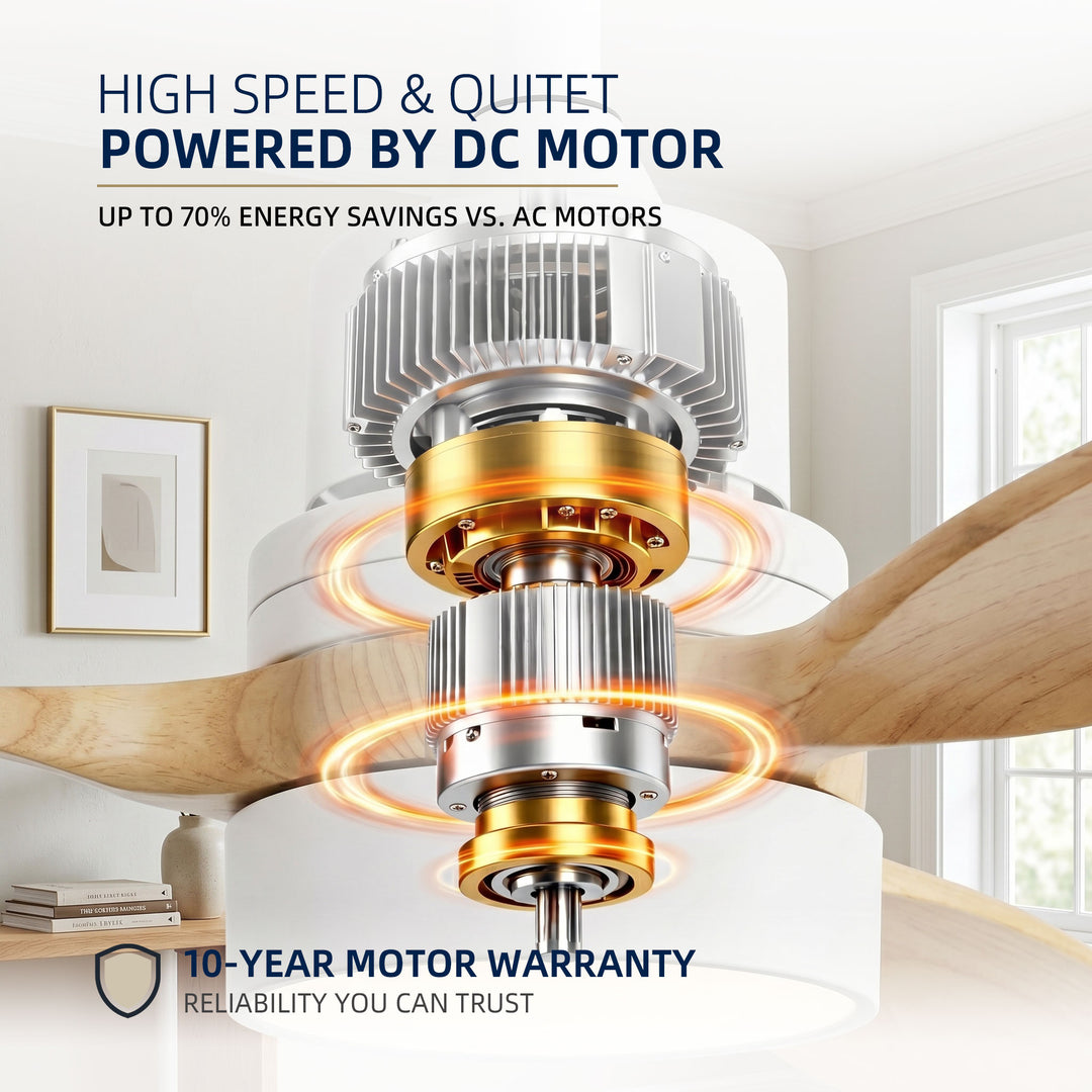 VEYRA 52-inch Modern Ceiling Fan with Light, 3 Solid Wood Blades, DC Motor, 6 Speeds, Downrod Mount for Bedroom, Living Room