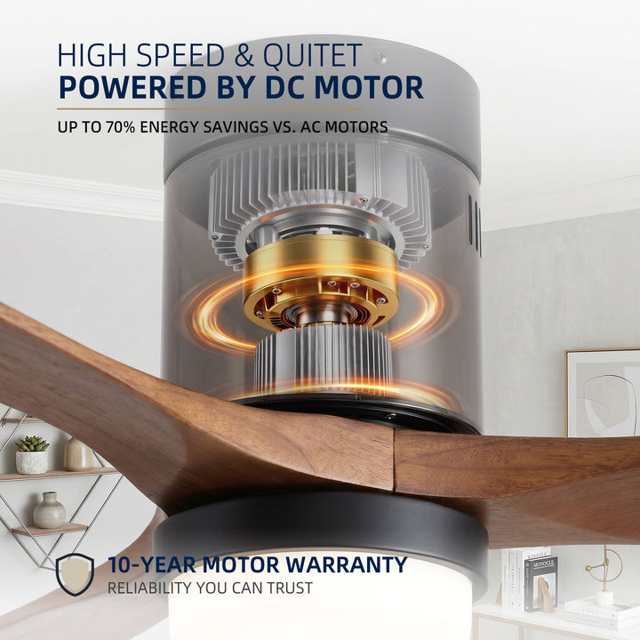 VEYRA 52-inch Modern Ceiling Fan with Light, 3 Solid Wood Blades, DC Motor, 6 Speeds, Flush Mount for Bedroom, Living Room