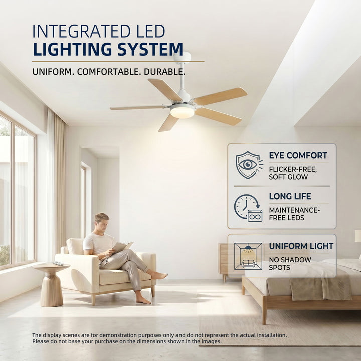 VEYRA 42-inch Modern Ceiling Fan with Light, 5 MDF Blades, DC Motor, 6 Speeds, Downrod Flush Mount for Bedroom, Living Room