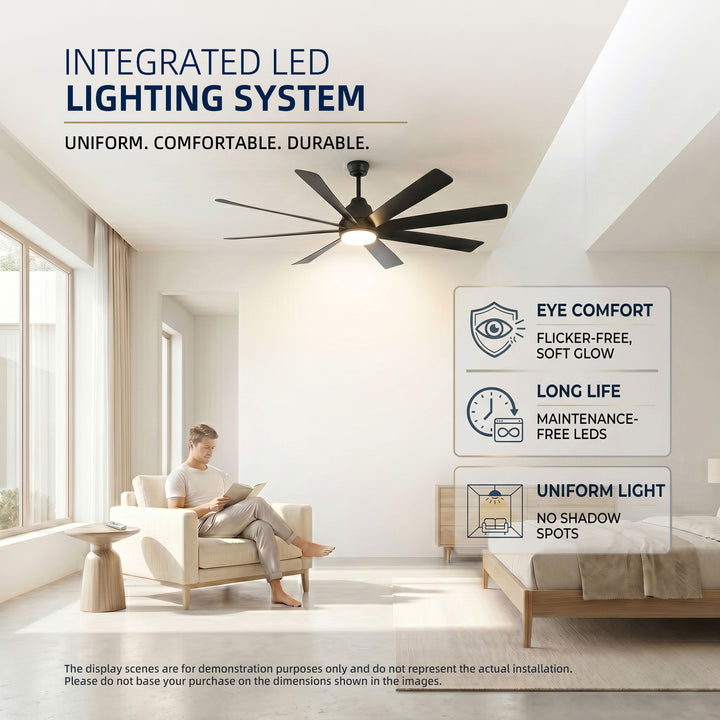 VEYRA 72-inch Modern Ceiling Fan with Light, 8 ABS Blades, DC Motor, 6 Speeds, Downrod Mount for Bedroom, Living Room