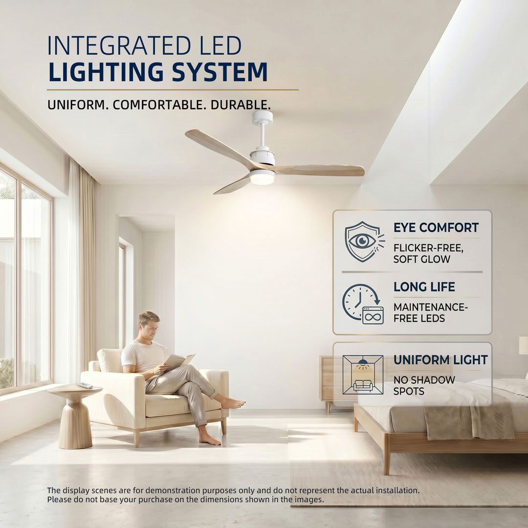 VEYRA 60-inch Modern Ceiling Fan with Light, 3 Solid Wood Blades, DC Motor, 6 Speeds, Downrod Mount for Bedroom, Living Room