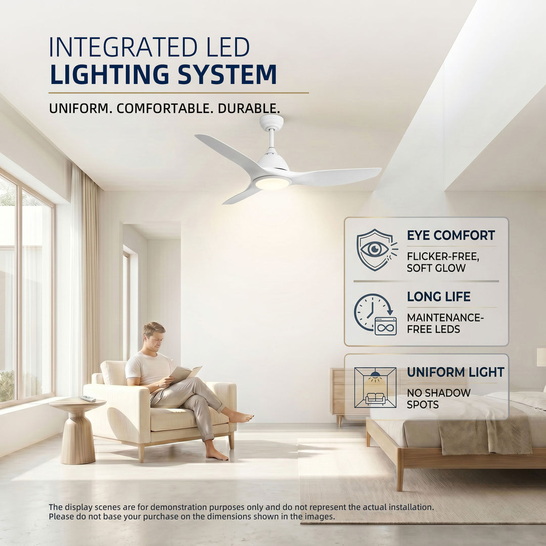VEYRA 52-inch Modern Ceiling Fan with Light, 3 ABS Blades, DC Motor, 6 Speeds, Downrod Mount for Bedroom, Living Room