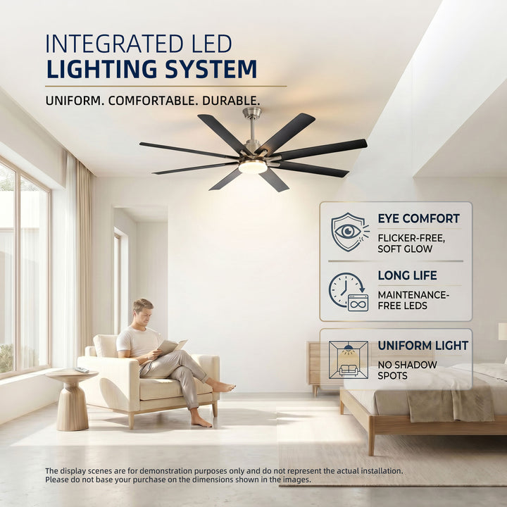 VEYRA 66-inch Modern Ceiling Fan with Light, Remote Control Smart Fan, 8 ABS Blades, DC Motor, 6 Speeds, Downrod Mount for Bedroom, Living Room