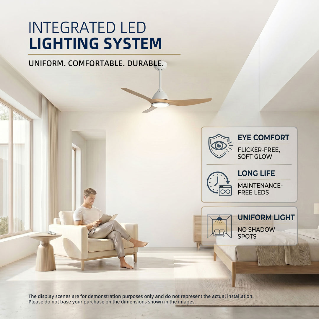 VEYRA 52-inch Modern Ceiling Fan with Light, 3 ABS Blades, DC Motor, 6 Speeds, Downrod Mount for Bedroom, Living Room