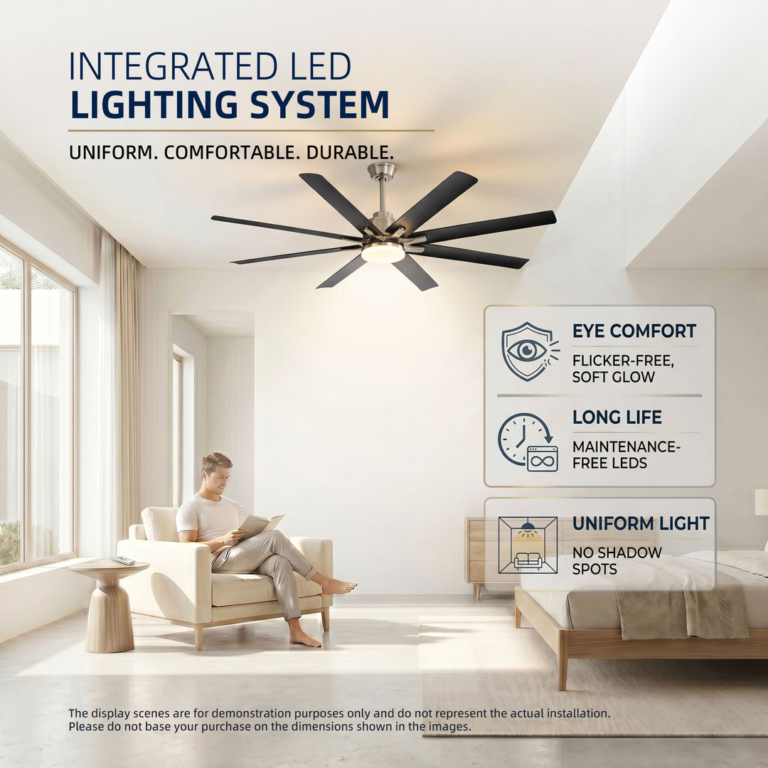 VEYRA 52-inch Modern Ceiling Fan with Light, 8 ABS Blades, DC Motor, 6 Speeds, Downrod Mount for Bedroom, Living Room