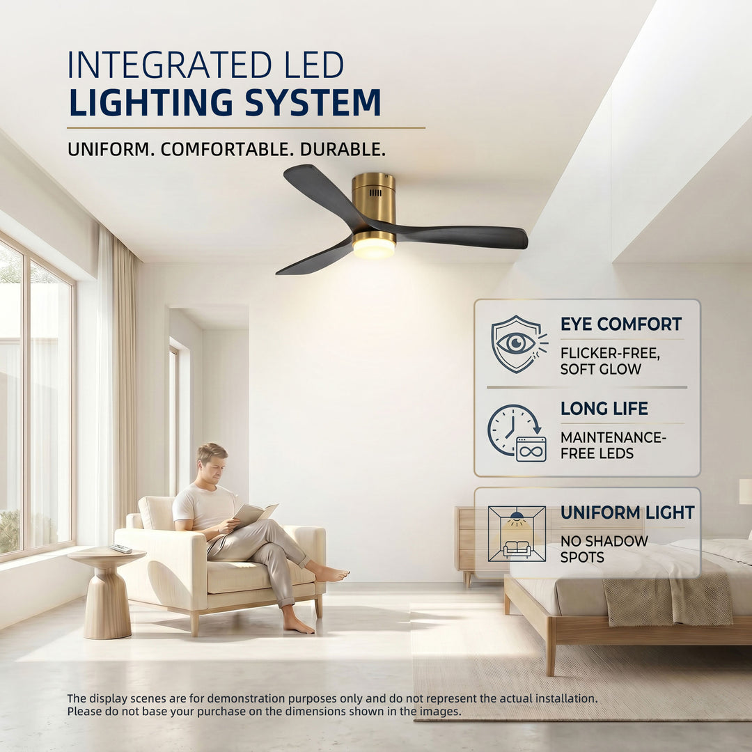 VEYRA 52-inch Modern Ceiling Fan with Light, 3 Solid Wood Blades, DC Motor, 6 Speeds, Flush Mount for Bedroom, Living Room