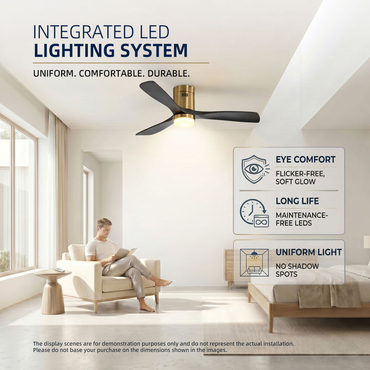 VEYRA 52-inch Modern Ceiling Fan with Light, 3 Solid Wood Blades, DC Motor, 6 Speeds, Flush Mount for Bedroom, Living Room