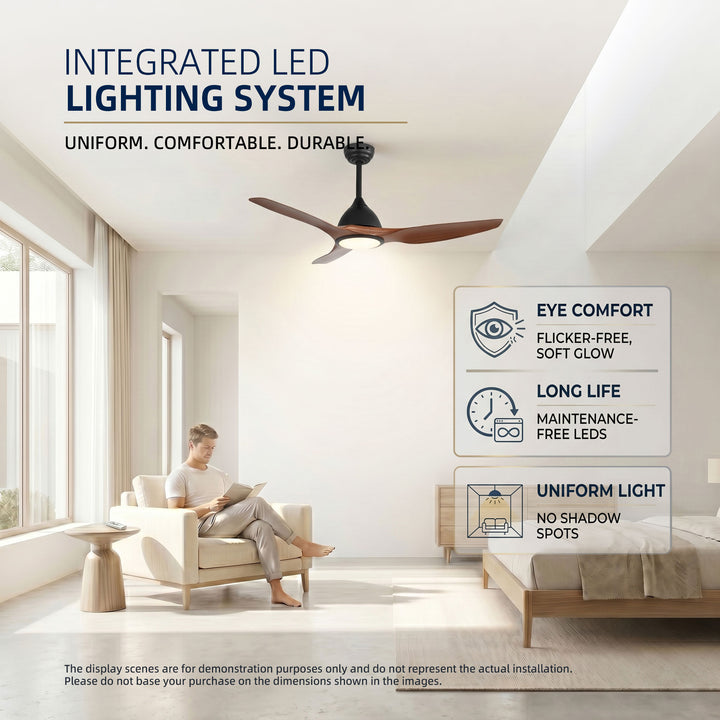 VEYRA 52-inch Modern Ceiling Fan with Light, 3 ABS Blades, DC Motor, 6 Speeds, Downrod Mount for Bedroom, Living Room