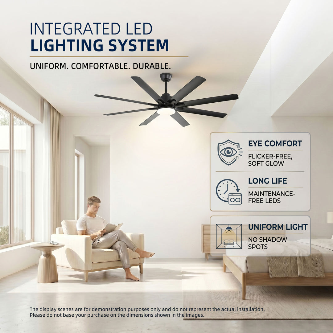 VEYRA 66-inch Modern Ceiling Fan with Light, Remote Control Smart Fan, 8 ABS Blades, DC Motor, 6 Speeds, Downrod Mount for Bedroom, Living Room
