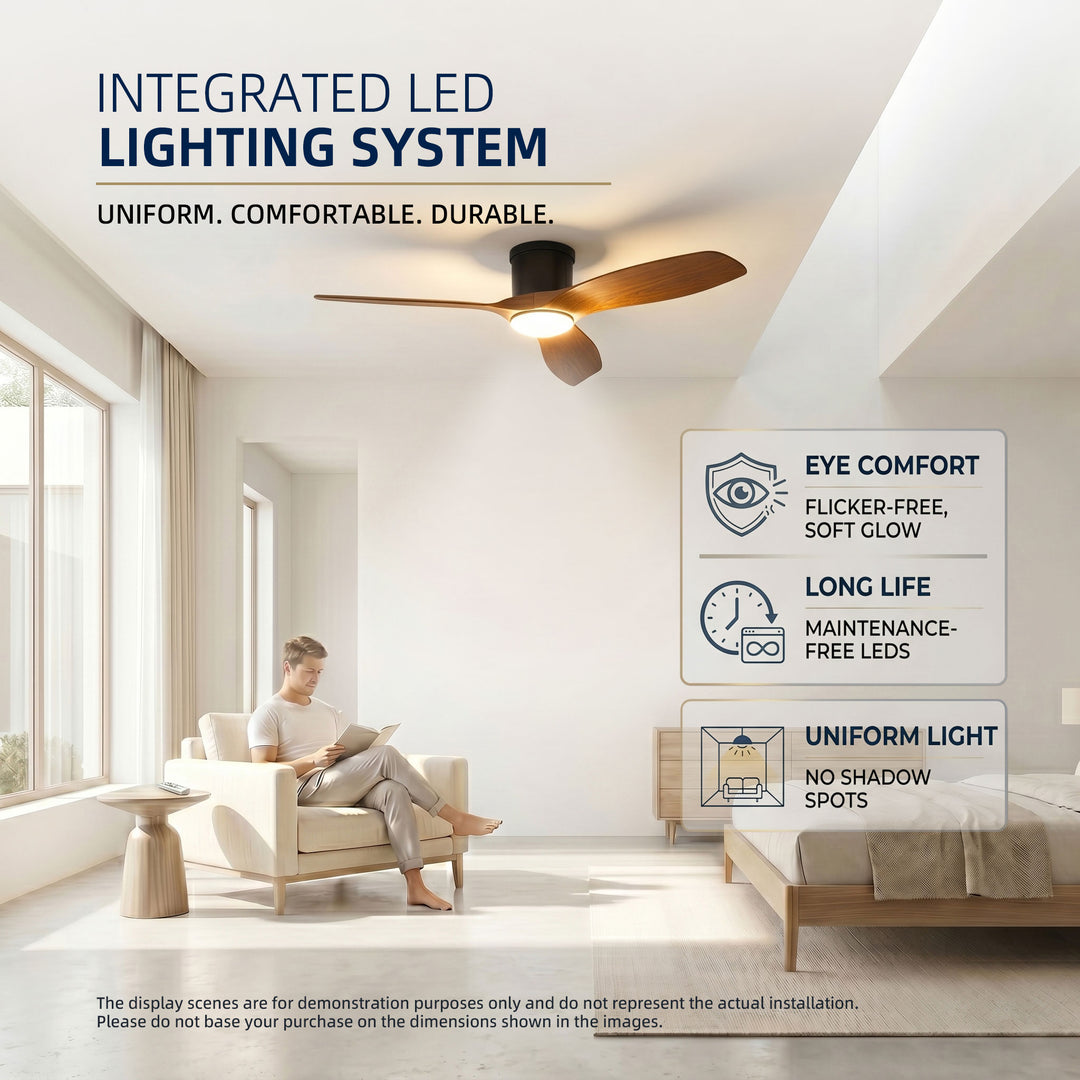 VEYRA 52-inch Modern Ceiling Fan with Light, 3 ABS Blades, DC Motor, 6 Speeds, Flush Mount for Bedroom, Living Room
