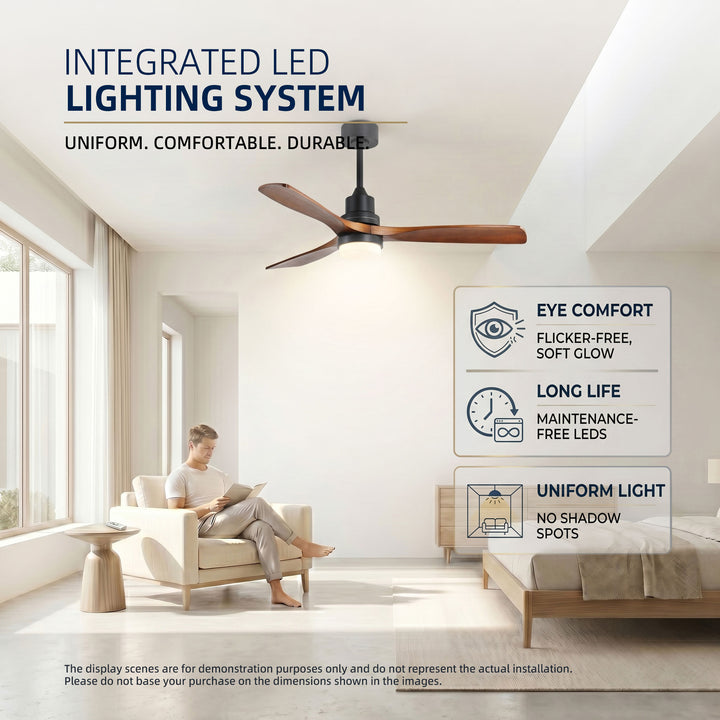 VEYRA 52-inch Modern Ceiling Fan with Light, 3 Solid Wood Blades, DC Motor, 6 Speeds, Downrod Mount for Bedroom, Living Room