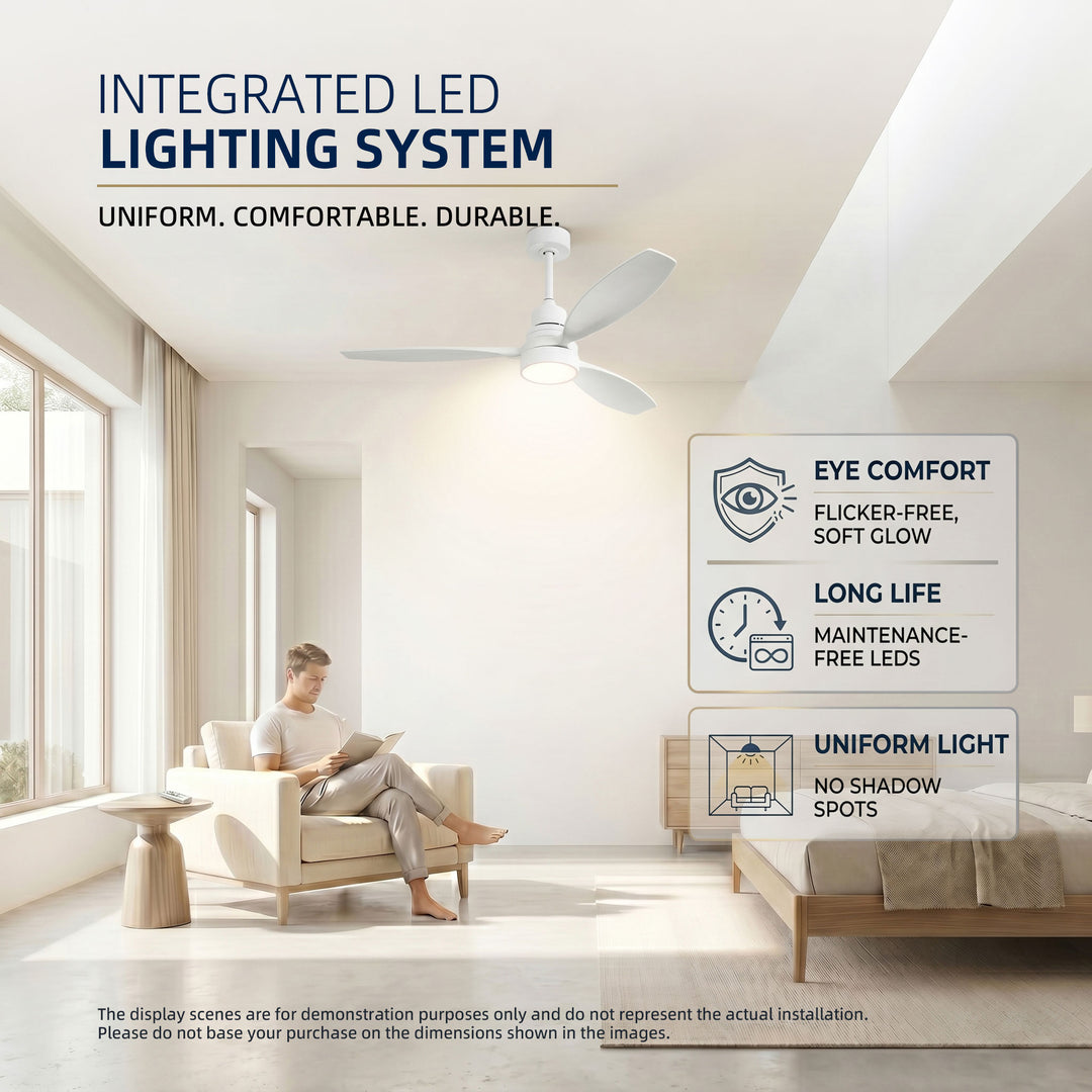 VEYRA 52-inch Modern Ceiling Fan with Light, 3 Solid Wood Blades, DC Motor, 6 Speeds, Downrod Mount for Bedroom, Living Room