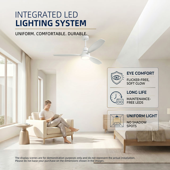 VEYRA 52-inch Modern Ceiling Fan with Light, 3 Solid Wood Blades, DC Motor, 6 Speeds, Downrod Mount for Bedroom, Living Room