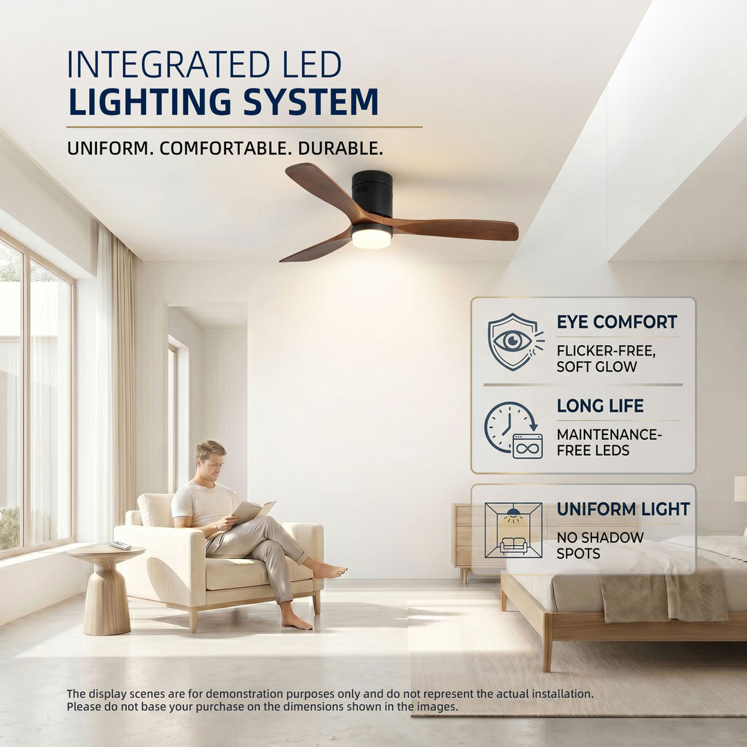 VEYRA 52-inch Modern Ceiling Fan with Light, 3 Solid Wood Blades, DC Motor, 6 Speeds, Flush Mount for Bedroom, Living Room