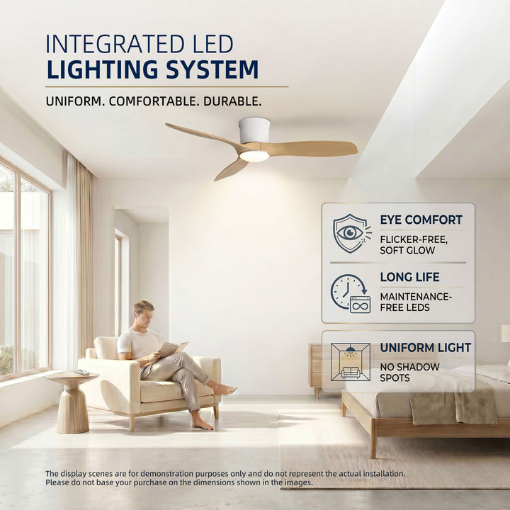 VEYRA 52-inch Modern Ceiling Fan with Light, 3 ABS Blades, DC Motor, 6 Speeds, Flush Mount for Bedroom, Living Room