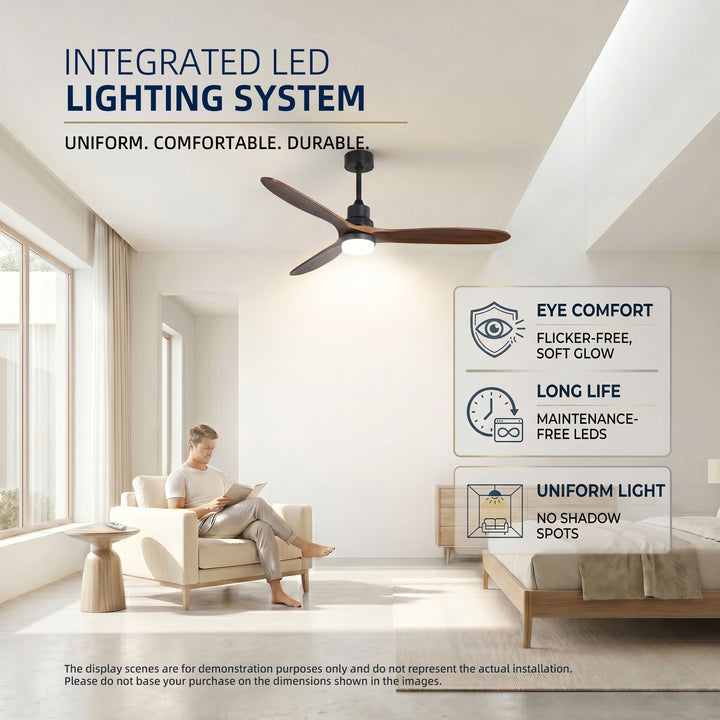 VEYRA 60-inch Modern Ceiling Fan with Light, 3 Solid Wood Blades, DC Motor, 6 Speeds, Downrod Mount for Bedroom, Living Room