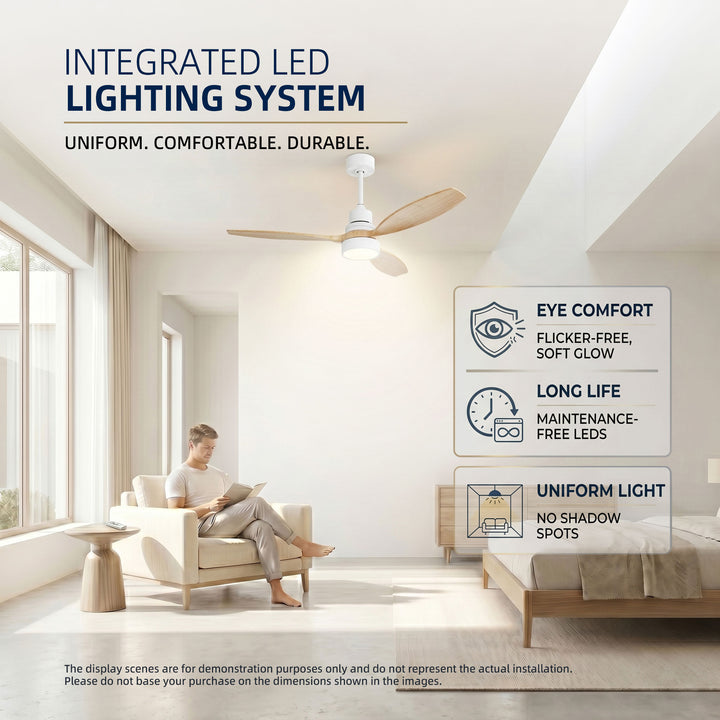 VEYRA 52-inch Modern Ceiling Fan with Light, 3 Solid Wood Blades, DC Motor, 6 Speeds, Downrod Mount for Bedroom, Living Room