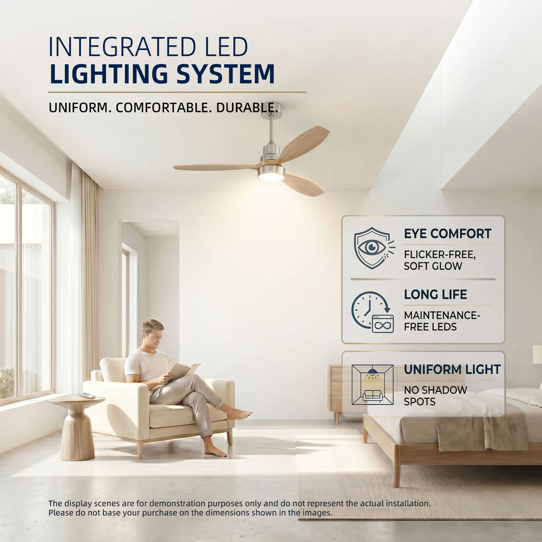 VEYRA 52-inch Modern Ceiling Fan with Light, 3 Solid Wood Blades, DC Motor, 6 Speeds, Downrod Mount for Bedroom, Living Room