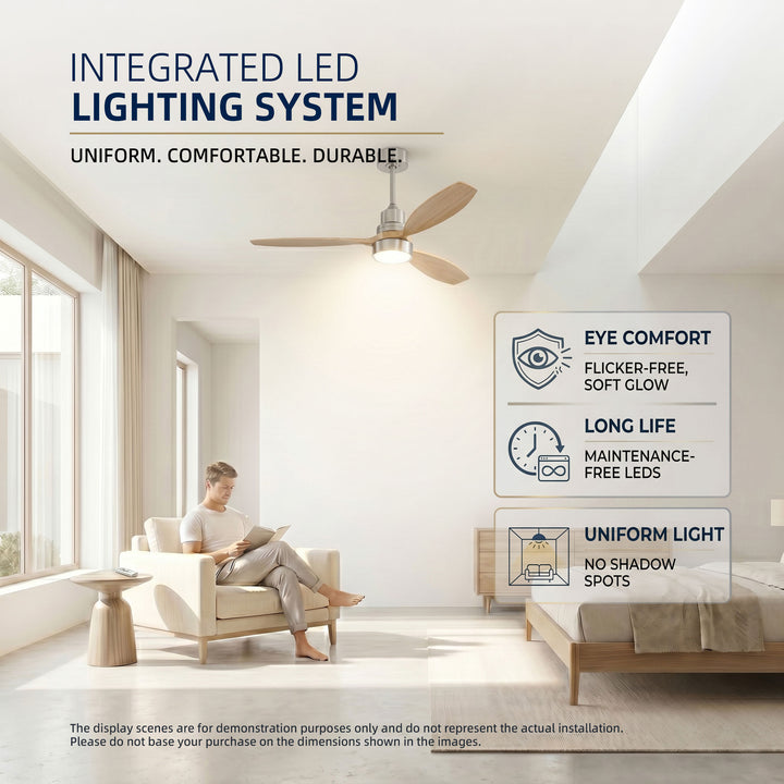VEYRA 52-inch Modern Ceiling Fan with Light, 3 Solid Wood Blades, DC Motor, 6 Speeds, Downrod Mount for Bedroom, Living Room