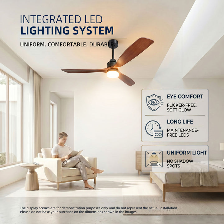 VEYRA 60-inch Modern Ceiling Fan with Light, 3 Solid Wood Blades, DC Motor, 6 Speeds, Downrod Mount for Bedroom, Living Room