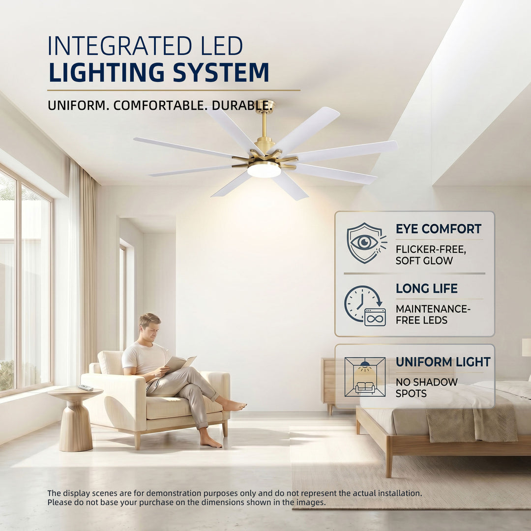 VEYRA 66-inch Modern Ceiling Fan with Light, Remote Control Smart Fan, 8 ABS Blades, DC Motor, 6 Speeds, Downrod Mount for Bedroom, Living Room