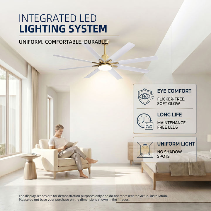 VEYRA 66-inch Modern Ceiling Fan with Light, Remote Control Smart Fan, 8 ABS Blades, DC Motor, 6 Speeds, Downrod Mount for Bedroom, Living Room