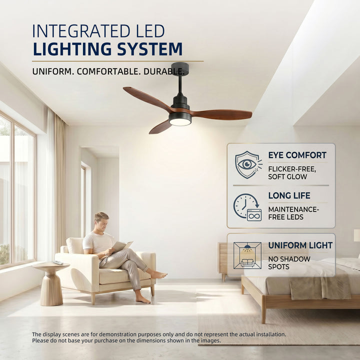 VEYRA 52-inch Modern Ceiling Fan with Light, 3 Solid Wood Blades, DC Motor, 6 Speeds, Downrod Mount for Bedroom, Living Room