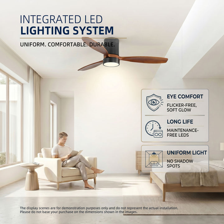 VEYRA 52-inch Modern Ceiling Fan with Light, 3 Solid Wood Blades, DC Motor, 6 Speeds, Flush Mount for Bedroom, Living Room