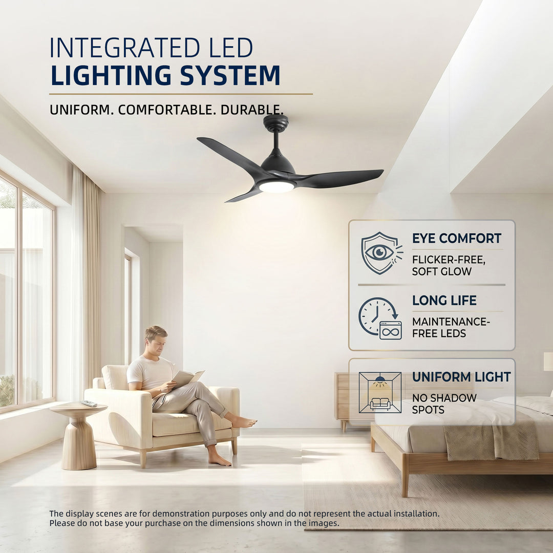 VEYRA 52-inch Modern Ceiling Fan with Light, 3 ABS Blades, DC Motor, 6 Speeds, Downrod Mount for Bedroom, Living Room