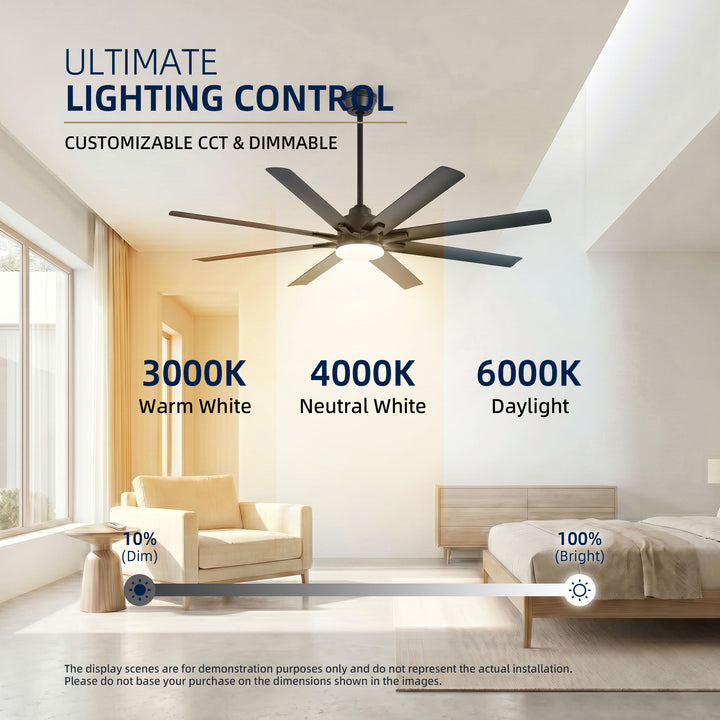 VEYRA 52-inch Modern Ceiling Fan with Light, 8 ABS Blades, DC Motor, 6 Speeds, Downrod Mount for Bedroom, Living Room