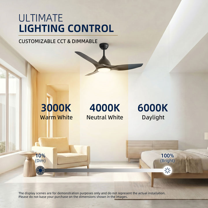 VEYRA 52-inch Modern Ceiling Fan with Light, 3 ABS Blades, DC Motor, 6 Speeds, Downrod Mount for Bedroom, Living Room